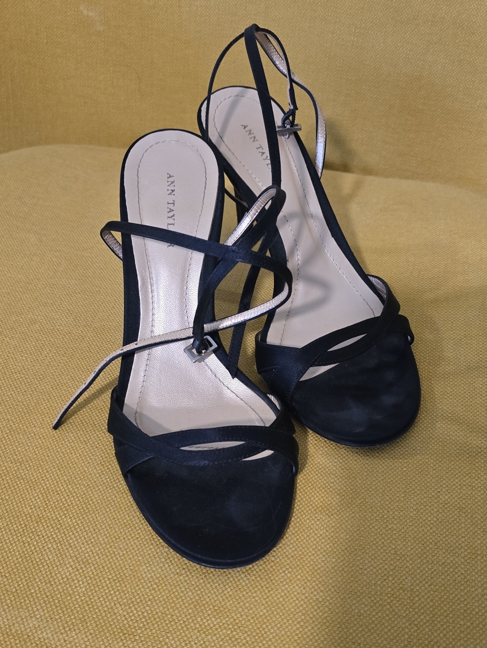 Ann Taylor Black Satin Strappy Open-Toe Slingback Heels, 6.5